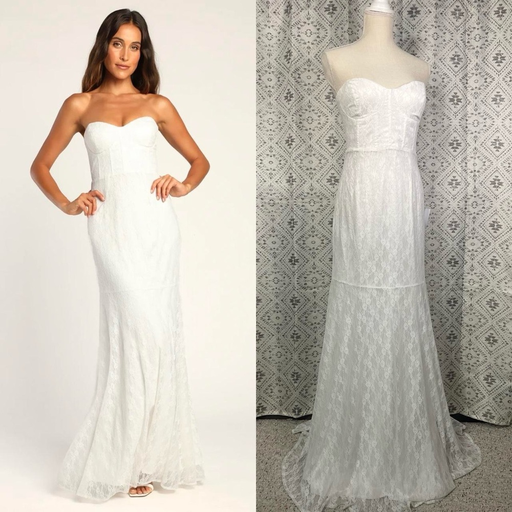 NWT Lulus A Vow to Love White Lace Bustier Trumpet Maxi Dress